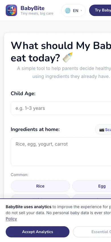 BabyBite Meal Planner on mobile showing form with age and ingredients fields