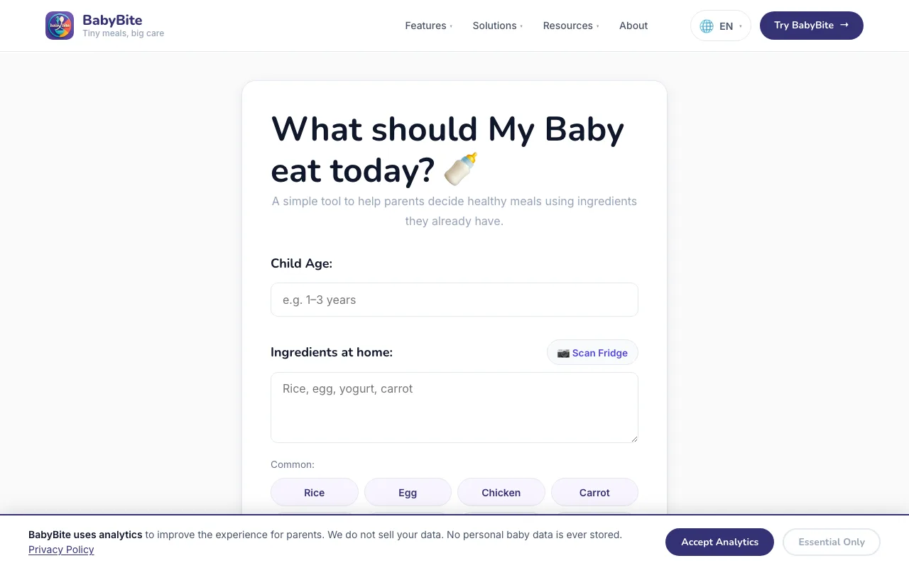 BabyBite Meal Planner showing 3 age-safe meal ideas for a 9-month-old on desktop